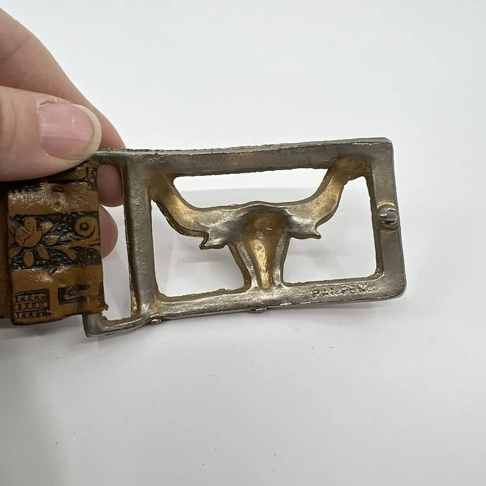VTG Boys 60s BULL LONGHORN FABIL Tooled Steerhide Leather Western COWBOY Belt 28